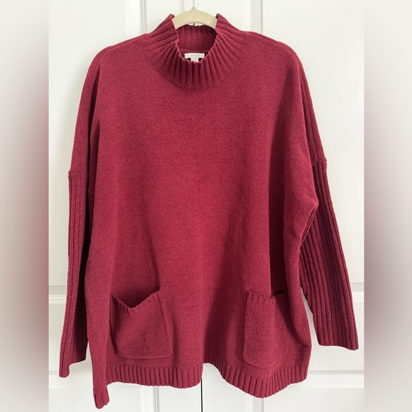 J.Jill Women’s Chenille Sweater Red XL Mock Neck Tunic with Front Pockets - Picture 1 of 8